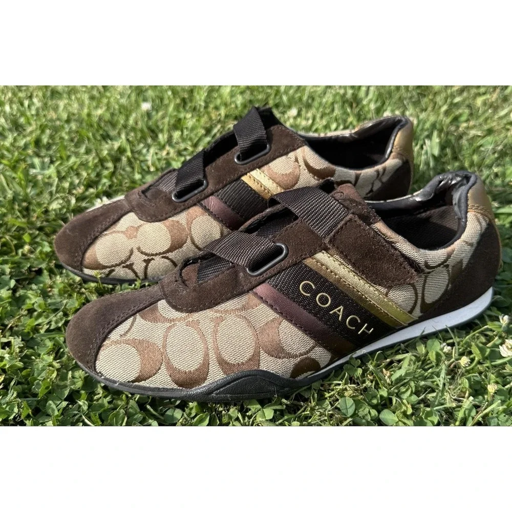 Coach Women's Signature Canvas Hook & Loop Sneakers Brown Khaki Logo Shoes